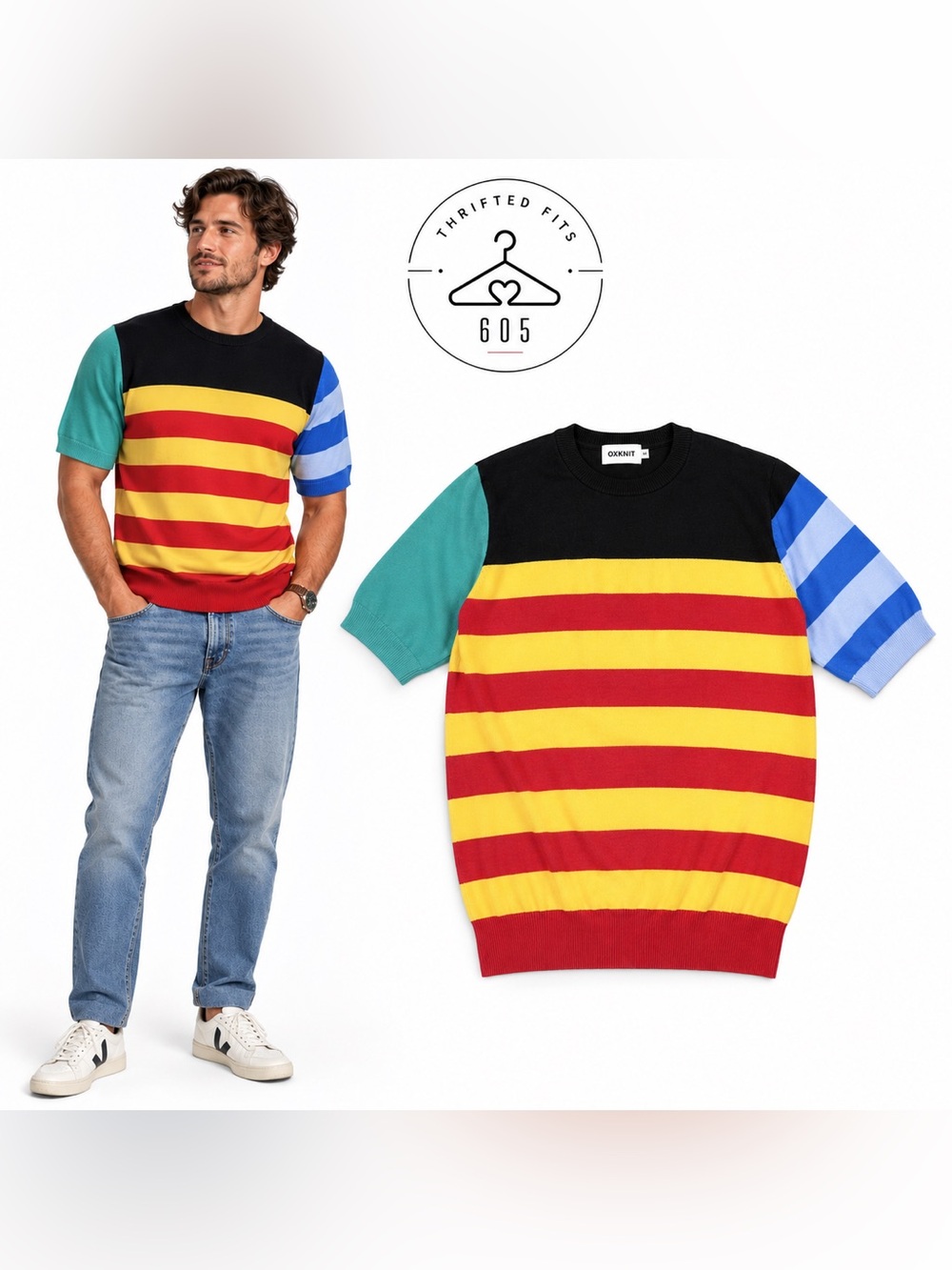 OXKNIT Men’s Multicolor Striped Crewneck Sweater - Red, Yellow & Blue